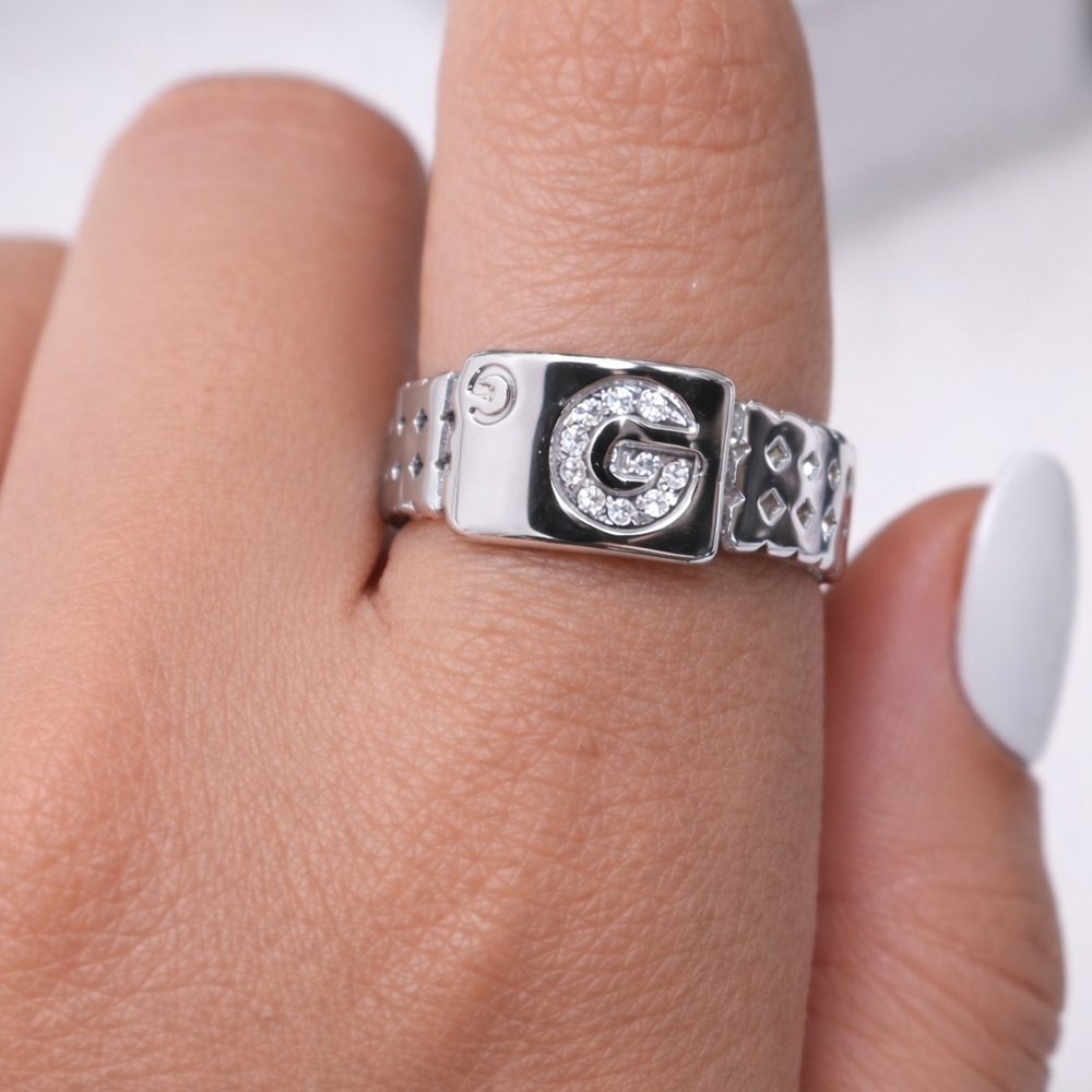 Silver "G" Initial Ring Hypoallergenic Stainless … - image 1